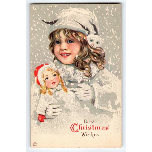 Vintage Christmas Postcard Girl with Doll Snow Flakes Scene Series 736A Stecher - Picture 1 of 2